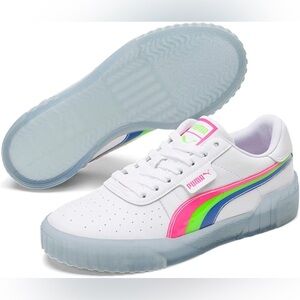 Puma Women's White Cali Sneakers with Neon Pink & Green Accents